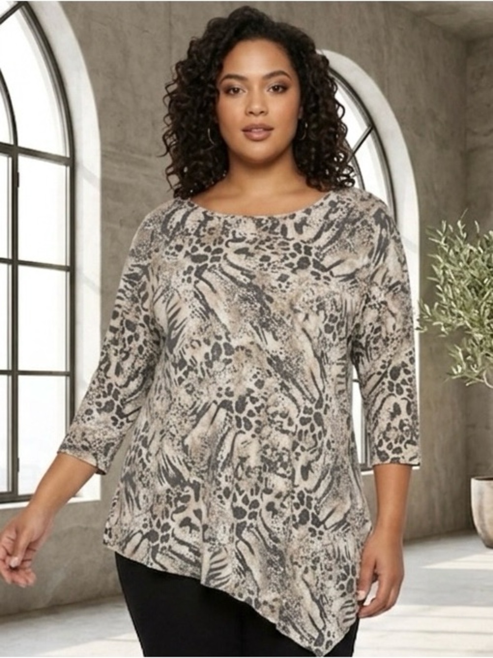 ECLA 3/4 Sleeve Tan Black Leopard Print Blouse Plus Size 2X Asymmetric